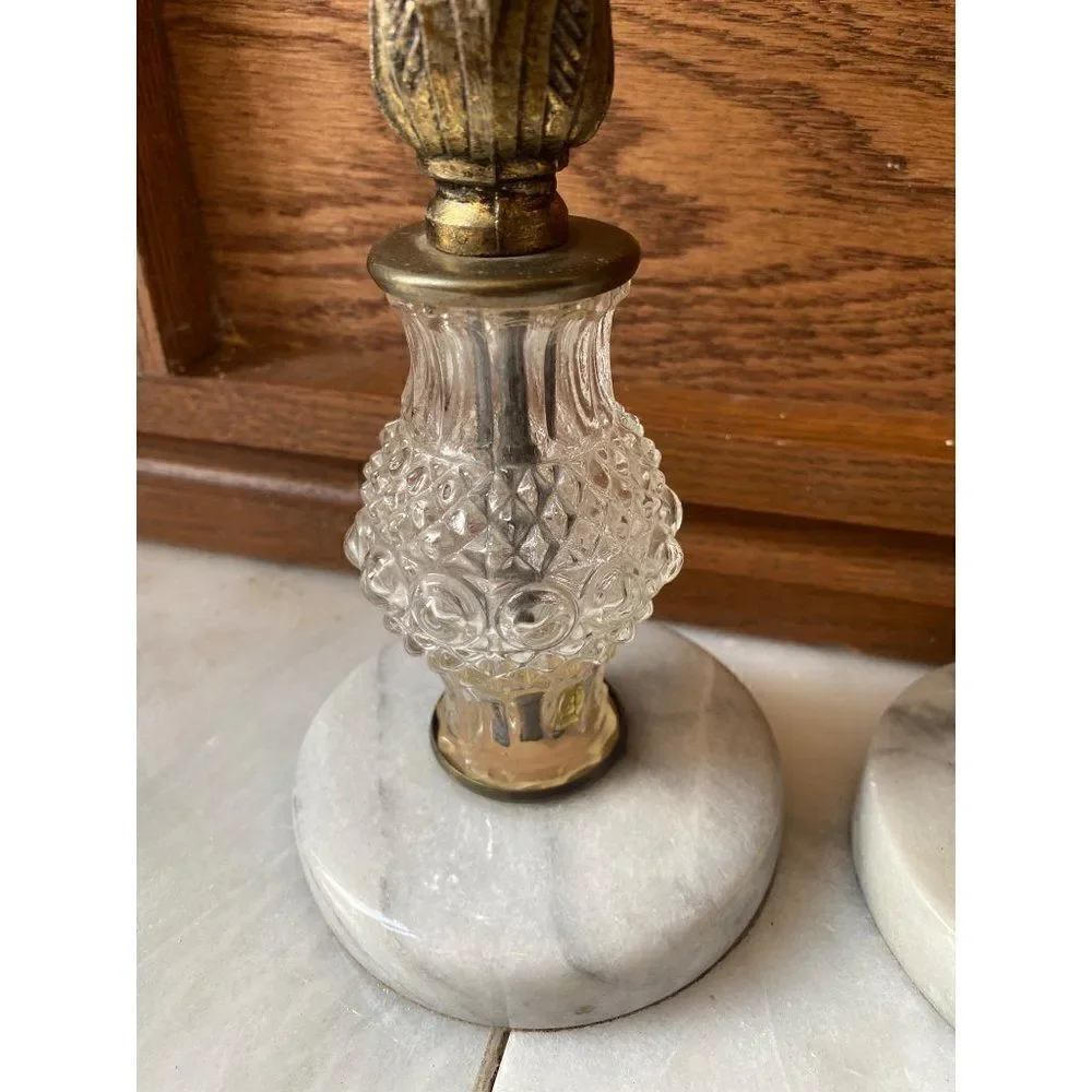Pair of Vintage Candleholders Crystal Glass Brass Marble Base 7” tall
